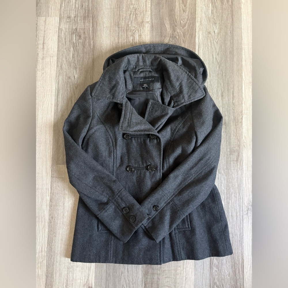 Apostrophe Charcoal Double-Breasted Pea Coat with Hood